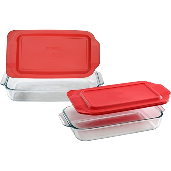 Pyrex Bundle - 6 Items: 2qt, 3qt & 4.8qt Glass Dish With Red Lid Made in the USA - Picture 2 of 7